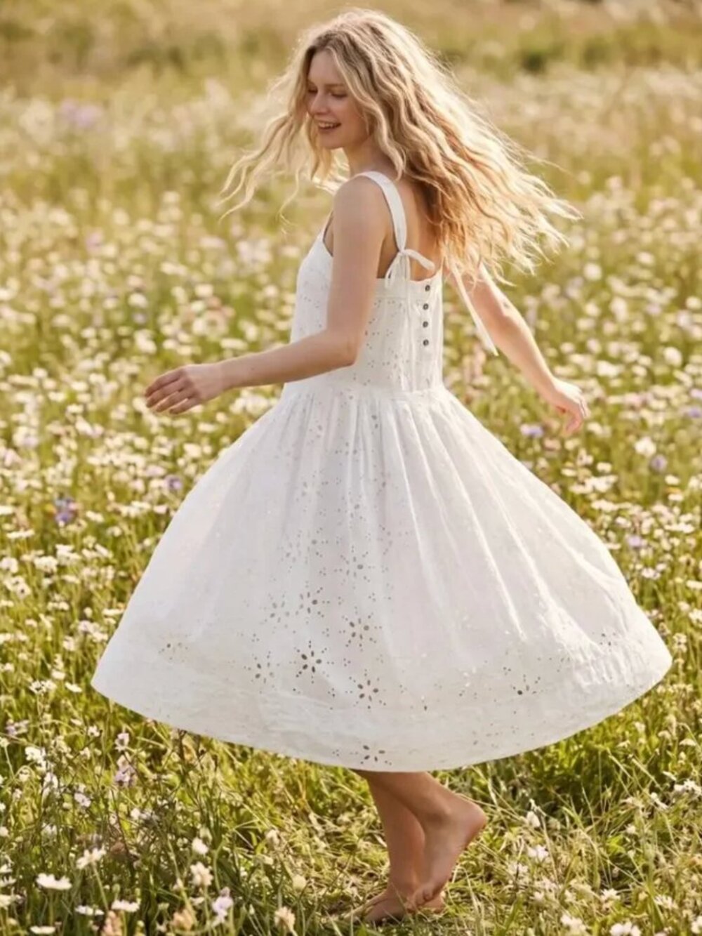 Free People White Primavera Eyelet Cotton Midi Dress Square Neck Sleeveless Boho
